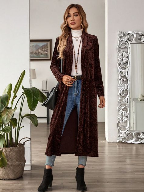 Women's Elegant Long Sleeve Maxi Open Front Cardigan For Formal Occasions Brown Casual  Long Sleeve Knitted Fabric Plain Other Non-Stretch  Women Clothing, size features are:Bust: ,Length: ,Sleeve Length: Long Robe Outfit, Gothic Office, Witchy Outfits, Winter Mode Outfits, Perfect Winter Outfit, Maxi Cardigan, Gilet Long, Cold Weather Fashion, Autumn Outfits