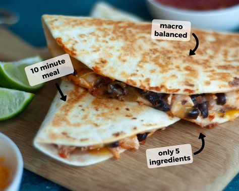 Melty cheese, shredded chicken, and black beans folded in a crispy golden brown tortilla. Recharge your macro batteries with this quick Chicken Quesadilla - all it takes is 10 minutes and 5 ingredients! .. . . . #Macrostax #Macros #mustbethemacros #progress #fitness #fit #nutrition #weightloss #diet #lifechange #motivation #food #fuel #goals #iifym #recipe #foodprep #chicken #cheese #quesadilla Quick Macro Friendly Meals, Macro Friendly Recipes Chicken, Chicken Quesadillas Meal Prep, Recipes With Macros Calculated, Macro Friendly Lunch Ideas, Macro Friendly Chicken Recipes, Chicken Quesadilla Recipe With Rotisserie Chicken, Macro Friendly Quesadillas, Shredded Chicken Macro Recipes