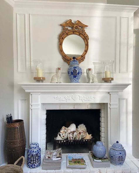 Chinoiserie Chic: The Chinoiserie Fireplace Fireplace Molding, Large Clam Shell, Amanda Lindroth, Giant Clam Shell, British Colonial Decor, Giant Clam, Den Ideas, Blue Chinoiserie, Colonial Decor