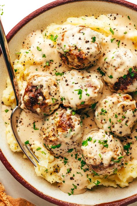 The Best Swedish Meatballs, Healthy Swedish Meatball Recipe, Gimme Some Oven Recipes, Meatballs Swedish, Traditional Swedish Meatballs, Swedish Meatball Recipe, Meatballs And Gravy, Gravy Ingredients, How To Make Meatballs