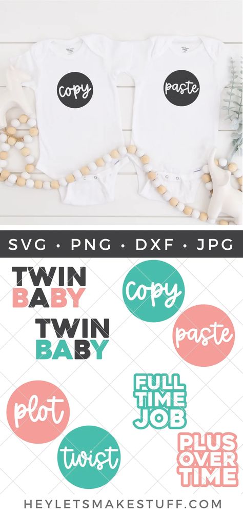 Having not just one, but two (or more!) babies at once can be quite the surprise! Use these twin cut files to create a pregnancy announcement, create a shower gift for expectant parents, or design matching shirts for your very own set of twins! Twins Cricut Projects, Twin Svg, Twin Onsies Ideas, Onesies For Twins, Twin Onesies Funny, Twin Boy Shirts Funny, Matching Onesies, Twin Onesies, Twin Pregnancy Announcement