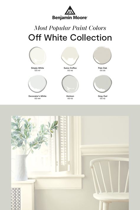 Need a starting point for choosing a white paint color? Try one of the favorites from our Off White Collection. From designer favorite Decorator's White OC-149 to subtly shaded Gray Owl OC-52, and even a former Color of the Year in Simply White OC-117, this is the perfect way to familiarize yourself with some of our most popular colors. Popular Off White Paint Colors, Benjamin Moore White Paint Colors, Off White Collection, Owl Oc, Paper White Benjamin Moore, Benjamin Moore Simply White, Neutral Interior Paint Colors, Decorators White Benjamin Moore, Off White Paint Colors