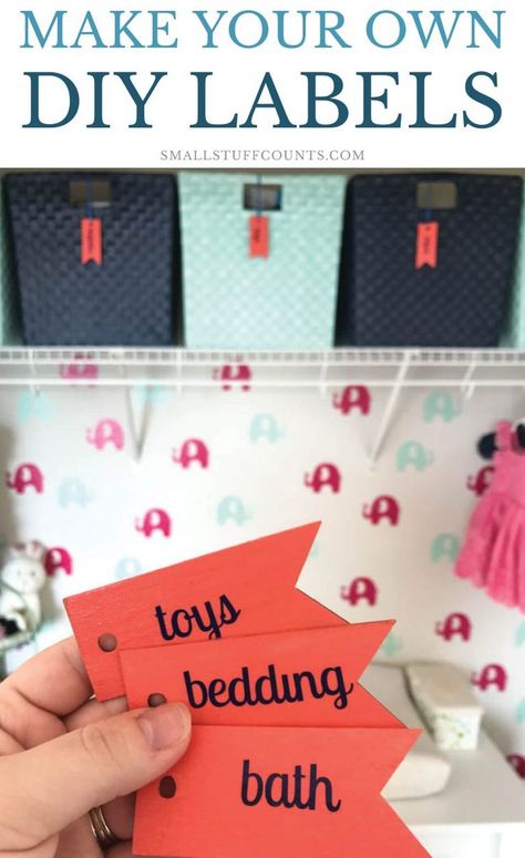 Check out these cute DIY labels made with vinyl and wood tags! What a great way to label and organize everything in the nursery. #labels #diy #organization #organize #nursery Organize Nursery, Nursery Labels, Cute Labels, Mommy Ideas, Wooden Gift Tags, Organize Everything, Spice Jar Labels, Baby Nurseries, Create Labels