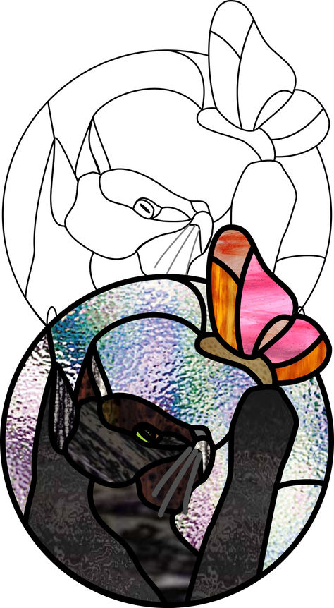 black cat, butterfly, round suncatcher pattern, stained glass pattern, custom pet memorial stained glass patterns, printable memorial patterns for pets Stained Glass Cat Patterns Printable, Stained Glass Cat Patterns, Black Cat And Butterfly, Stained Glass Cat, Cat And Butterfly, Easy Mosaic, Cat Patterns, Glass Cat, Cat Names