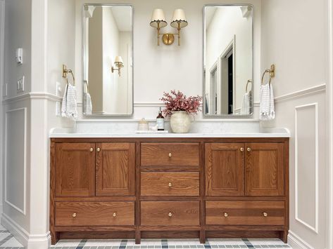 Primary Bath Double Vanity, Kitchen Cabinets As Bathroom Vanity, Custom Wood Bathroom Vanity, Family Bathroom Vanity, Double Vanity Cabinet Ideas, Vintage Wooden Bathroom Vanity, Wood Vanity In Bathroom, Cabinet Next To Bathroom Vanity, Custom Double Vanity