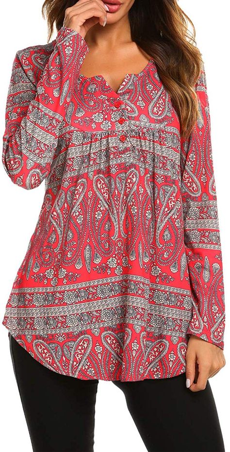 Bohemia Pattern, Floral Long Sleeve Shirt, Fitted Tunic, Tunic Tops Casual, Casual Summer Tops, Loose Fitting Tops, Casual Tops For Women, Tunic Shirt, Blouse Shirt