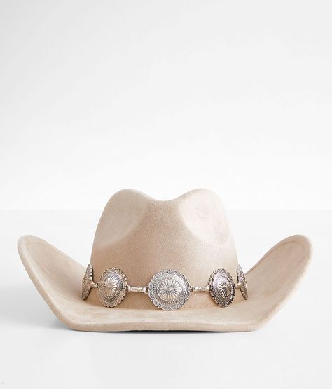 Metal Conch Cowboy Hat - Brown , Women's Taupe Faux suede structured hat Interior cinch tie band 3 1/2 brim One size fits most. 90% Polyester 10% Alloy. Machine wash cold. Do not bleach. Do not tumble dry. Cool iron. Do not dry clean. Apparel & Accessories > Clothing Accessories > Hats Maufrais Hats, Women’s Cowgirl Hat, Bridesmaid Cowgirl Hats, Tan Cowgirl Hat, Disco Cowgirl Accessories, Western Bride Accessories, Woman Country Outfits, Women's Western Outfits, Cowboy Hat For Women