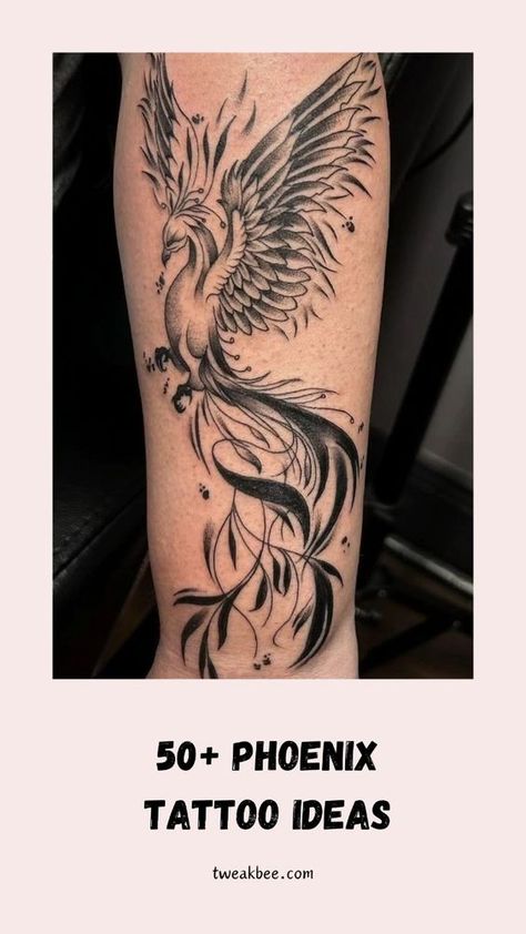 The phoenix is a timeless symbol of renewal and resilience. Explore these striking phoenix tattoo designs that capture the beauty and power of this legendary creature. Pheonix Tattoo Abstract, Black Phoenix Tattoo Design, Phoenix Tattoo On Black Skin, Rising Phoenix Tattoo Design, Phoenix Calf Tattoo, Tattoo Pheonix Women, Phoenix Rising From Ashes Tattoo Feminine, Tiny Phoenix Tattoo Minimalist, Phonex Tattoo Drawings