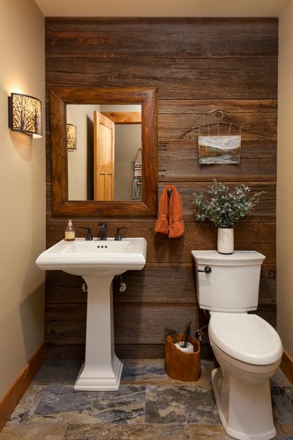 Rustic Powder Room Ideas, Country Bathrooms, Farmhouse Powder Room, Rustic Powder Room, Powder Room Design Ideas, Barn Bathroom, Ranch Kitchen Remodel, Wooden Accent Wall, Half Bath Remodel