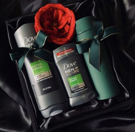 Dove men products and green vacuum flask wrapped in black and emerald green color theme for Father’s Day. Green Color Theme, Gift Box Ideas, Men Products, Dove Men, Emerald Green Color, Skin Care Gifts, Vacuum Flask, Color Theme, Body Skin Care Routine