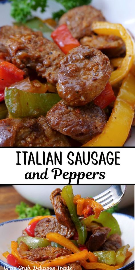 A double photo collage of sausage and three different types of peppers on a white plate. Italian Pork Sausage Recipes, Sausages And Peppers, Roasted Italian Sausage, Sweet Italian Sausage Recipes, Italian Sausage Peppers, Sausage And Peppers Recipe, Italian Sausage Recipe, Italian Sausage And Peppers, Cabbage Dishes