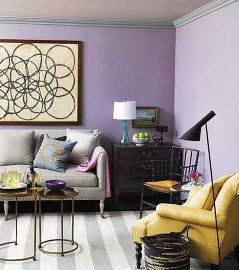 22 Modern Interior Design Ideas with Purple Color, Cool Interior Colors Lavender Living Room Ideas, Lilac Living Room Ideas, Lilac Living Rooms, Colorful Contemporary Living Room, Purple Apartment, Bedroom Colors Purple, Lilac Living Room, Lavender Living Room, Yellow Walls Living Room