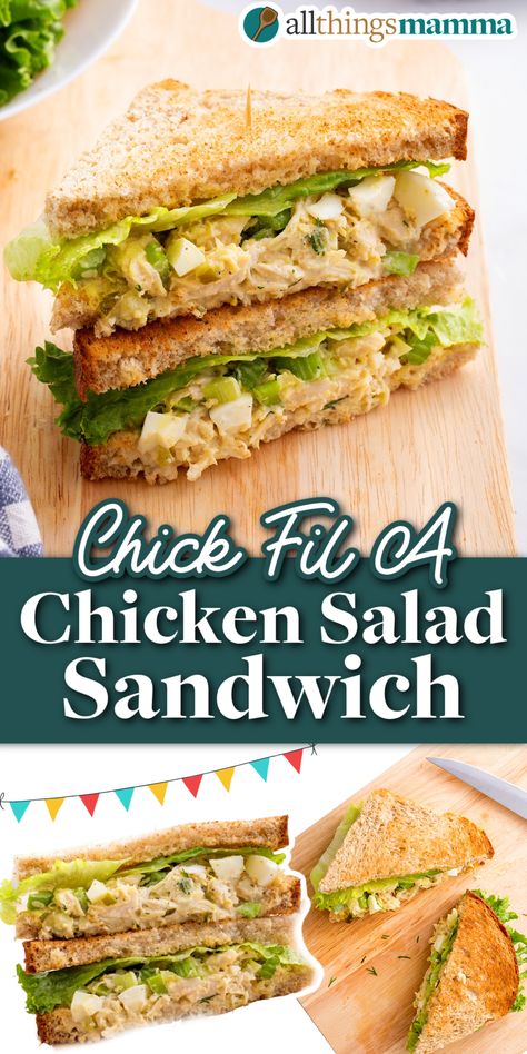 Chick-Fil-A Chicken Salad Sandwich social collage image showing the sandwich cut into triangle and stacked sitting on a wooden board showing the cross section Healthy Chicken Salad Sandwich Recipe, Chicken Salad Chick Pasta Salad Recipe, Chicken Salad Chick Copycat Recipes, Chick Fil A Chicken Salad Recipe, Catering Meals, Chicken Sandwich Spread, Chicken Salad Chick Recipe, Sandwich Spread Recipes, Mediterranean Salad Recipe