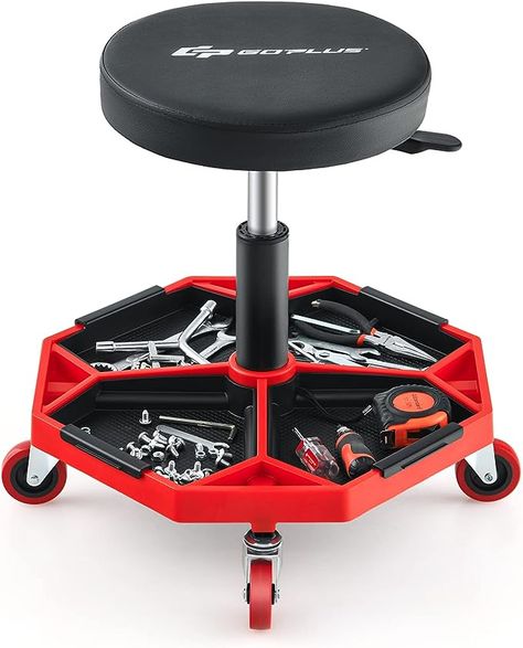 Amazon.com: Goplus Rolling Mechanic Stool, Adjustable Pneumatic Shop Stool Creeper Seat with Removable Magnetic Tool Tray, Padded Cushion, Universal Wheels, Round Garage Workshop Chair, 330 LBS Max Capacity : Automotive Garage Chair, Mechanics Chair, Roller Chair, Magnetic Tools, Shop Stool, Stool Height, Garage Storage Organization, Stool Chair, Garage Workshop