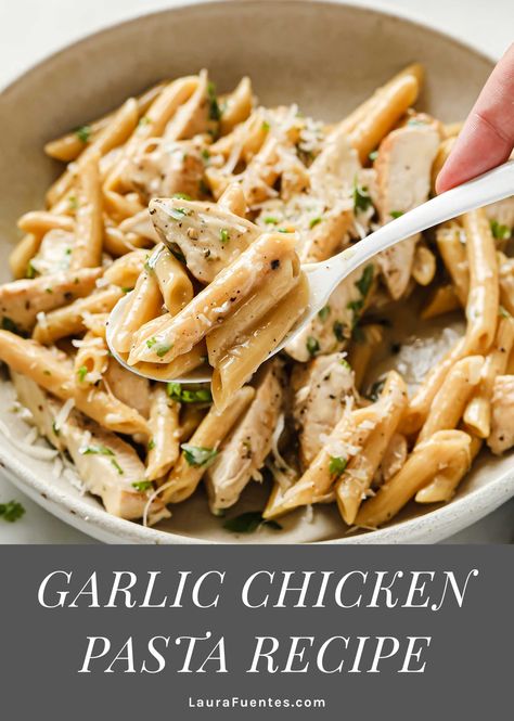 Just 20 minutes of cooking time is all that is needed to make this Creamy Garlic Chicken Pasta for an easy family-friendly dinner recipe! Creamy Garlic Chicken Pasta Recipes, Garlic Chicken Pasta Recipes, Garlic Noodles With Chicken, Garlic Pasta With Chicken, Chicken Pasta Healthy, Creamy Garlic Chicken Pasta, Chicken Penne Recipes, Pasta Simple, Garlic Chicken Pasta