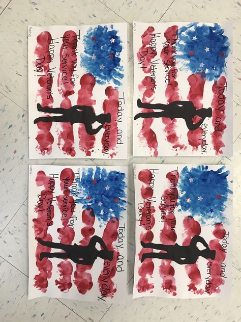 Infants craft completed for Veterans Day. Splattered blue hand prints and red foot print lines. Thank you for your service! Veterans Day Craft For Infants, Veterans Day Prek Activities, Veterans Art Projects For Kids, Flag Handprint Art For Kids, Veterans Day Infant Crafts, Military Crafts For Toddlers, Veterans Day Crafts For Kids Thank You, Veterans Day Crafts For Preschool, Veterans Day Craft For Preschool