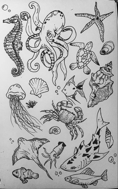 Ocean Tattoos Linework, Ocean Linework Tattoo, Sea Tattoo Sleeve Women, Ocean Tattoo Filler Ideas, Ocean Animals Tattoo Sleeve, Underwater Sea Life Drawing, Ocean Tattoo Filler, Aquatic Animals Tattoo, Ocean Themed Sketches