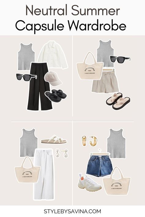 neutral summer capsule wardrobe Summer Essentials Clothes, Summer Holiday Capsule Wardrobe, Minimal Summer Outfits, Minimalist Summer Style, Minimalist Summer Wardrobe, Minimalist Summer Outfit, Clean Girl Summer, Wardrobe Checklist, Wardrobe For Women