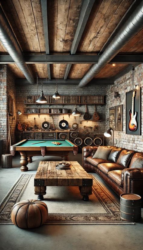 Tasteful Man Cave, Interior Design Creative Ads, Interior Design Business Cards Ideas, Man Cave Decor Ideas, Hunting Room Design, Mounted Guitar, Cave Interior, Industrial Man Cave, Modern Man Cave