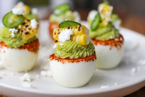 Street Corn Deviled Eggs - Healthyish Foods Deviled Eggs Recipe Easy, Holiday Appetizers Recipes, Easy Guacamole, Deviled Egg, Street Corn, Grilled Corn, Small Bites, Appetizer Dips, Deviled Eggs