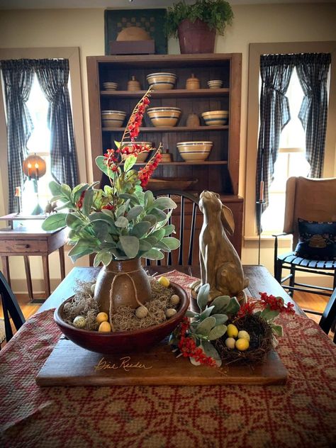 Spring Primitive Decorating, Gail Reeder, Primitive Easter Decor, Primitive Table, Dining Table Makeover, Primitive Easter, Primitive Living Room, Primitive Colonial, Colonial Decor