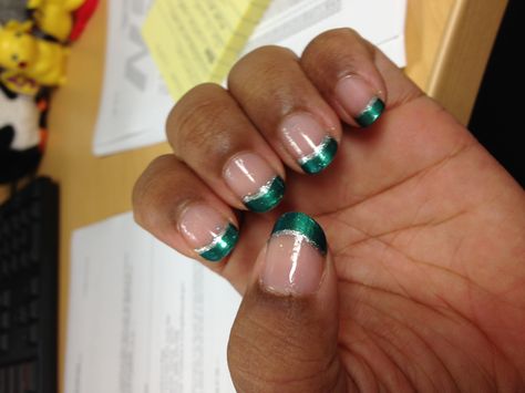 Nails Emerald Green And Silver, Green N White Nails, Green And Silver French Tip Nails, Prom Nails Emerald Green And Silver, Green And Silver Nails Short, Green And Silver Nails Ideas, Green And Silver Gel Nails, Dark Emerald Green Nails With Silver, Emerald Green And White Nails