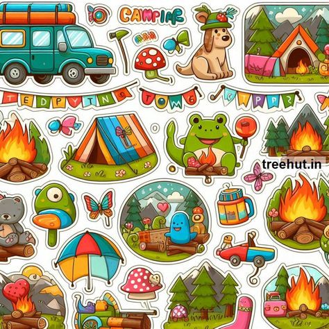 Child Art, Free Coloring Pages, Craft, Clipart, Art Ideas, Gardening at Treehut.in Camping Stickers Free Printable, Craft Clipart, Camping Stickers, Camping Projects, Halloween Bulletin Boards, Camping Clipart, Adult Stickers, Christmas Bulletin Board, Camping Photo