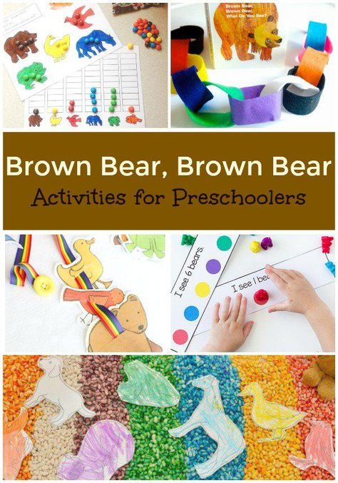 Use these literacy, math, sensory, fine motor, snack and treat ideas to go along with the popular children's book Brown Bear Brown Bear What Do You See Bear Activities Preschool, Brown Bear Brown Bear Activities, Brown Bear Book, Brown Bear Art, Book Themed Activities, Bear Activities, Bears Preschool, Eric Carle Activities, Brown Bear Brown Bear