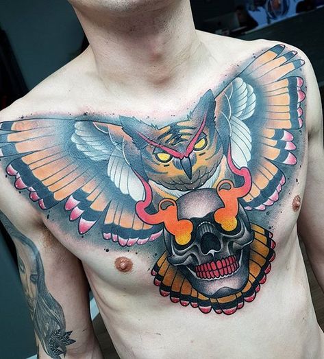 Color Chest Tattoo Men, Neo Traditional Chest Tattoo Men, Neo Trad Chest Tattoo, Trad Chest Tattoo, Tattoo Dada, Neo Traditional Chest Tattoo, Owl Tattoo Chest, Traditional Chest Tattoo, Mandala Arm Tattoos