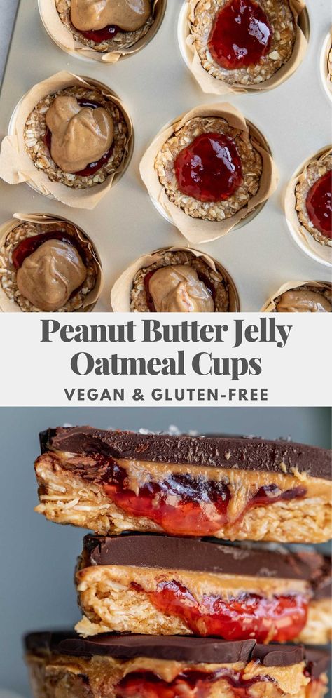 These wholesome stuffed Peanut Butter and Jelly Oatmeal Cups are the perfect sweet treat. Only 7 ingredients needed and no baking required! Raw Desserts Easy, Peanut Butter Jelly Oatmeal, Peanut Butter And Jelly Oatmeal, Vegan Winter Recipes, Nutritious Desserts, Dessert Snacks, Jelly Cups, Vegan Snack Recipes, Vegan Snack