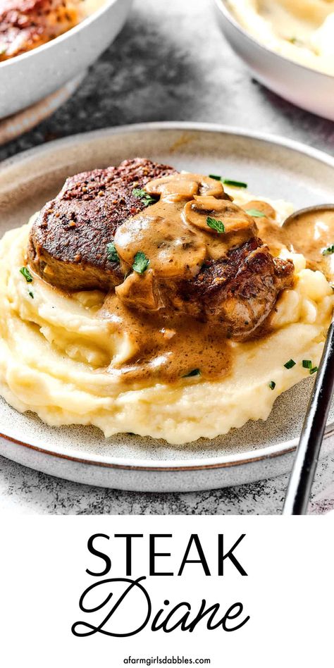 Steak Diane is a classic beef tenderloin recipe with pan-cooked steak in a rich, creamy mushroom sauce. Elegant yet simple, it's perfect for a special occasion or date-night-in, and on the table in just 40 minutes! Pan Cooked Steak, Tenderloin Steak Recipes, Steak Diane Recipe, Béarnaise Sauce, Beef Tenderloin Recipe, Steak Diane, Steak Dinner Recipes, Beef Tenderloin Recipes, Beef Filet