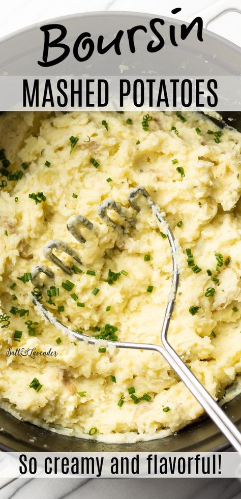 a pot of mashed potatoes with a masher and text overlay that reads boursin mashed potatoes - so creamy and flavorful! Borsine Cheese Mashed Potatoes, Boursin Cooking Cream Recipes, Mashed Potatoes With Boursin Cheese, Boursin Scalloped Potatoes, Bourisan Cheese Recipes, Boursin Shallot And Chive Recipes, Borsine Cheese Recipes, Potatoes With Boursin Cheese, Boursin Cheese Recipes Appetizer Ideas