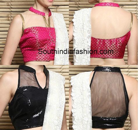 Collar Neck Net Blouse Designs photo High Neck Blouse Pattern, Net Blouse Designs, Net Saree Blouse Designs, Brocade Blouse Designs, Saree Drapes, Latest Saree Blouse, Netted Blouse Designs, Blouse Designs High Neck, Net Blouse