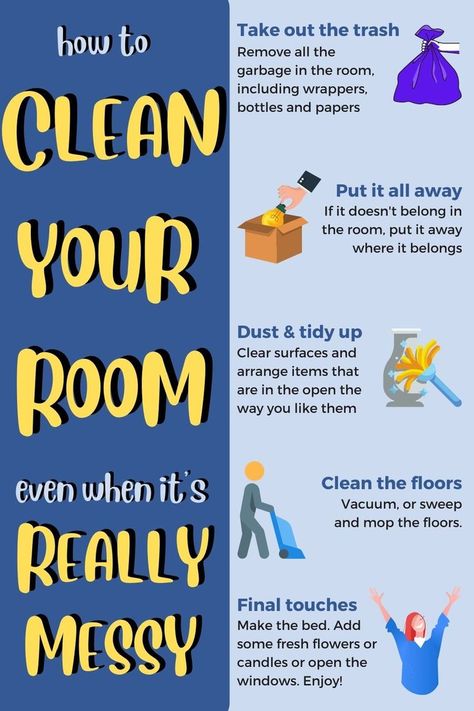 Pin text reads 'how to clean your room even when it's really messy'  Graphics are a bag of trash, a hand putting items into a box, a feather duster on a vase, a person vacuuming, a happy person feeling victorious. How To Clean A Really Messy Room, Tips To Clean Your Room, Cleaning A Messy Room, Tidy House Tips, Neat And Clean Bedroom, Step Bedroom, Clean Your Room Fast, Closet Makeover Small, Reorganize Bedroom