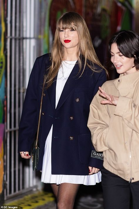 Taylor Swift is chic in white dress and navy coat for girls' night with pal Gracie Abrams in NYC... after romantic rendezvous with Travis Kelce on Argentina tour stop | Daily Mail Online Taylor Swift Blazer, Taylor Swift And Gracie Abrams, Taylor Swift Ex, Hollywood Street, Revealing Outfit, Enjoy Girl, Gracie Abrams, Next Fashion, Taylor Swift 13