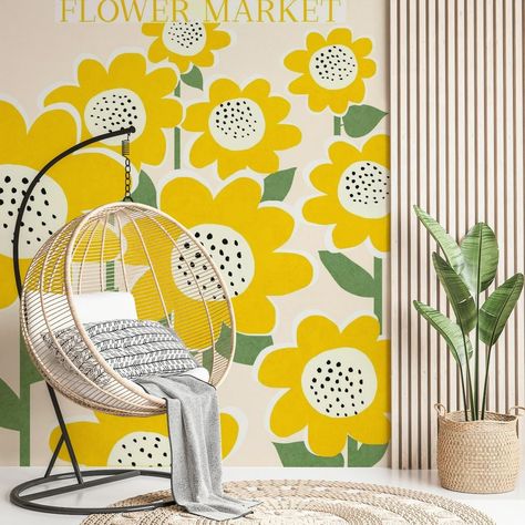 Printed on demand to fit perfect on your wall. Buy Flower Market - Sunflower wallpaper today or come in and see our other designs. Welcome to Happywall.com! Hallway Wall Mural, Easy Flower Mural, Floral Mural Painting, Foyer Wall Ideas, Flower Wall Murals, Flower Wall Mural, Playroom Mural, Apartment Painting, Flower Mural