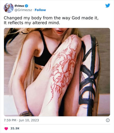 Grime Tattoo, Grimes Artwork, Dumbest Tattoos, Awful Tattoos, Claire Boucher, Red Tattoos, Bad Tattoos, Stylist Tattoos, New Tattoo