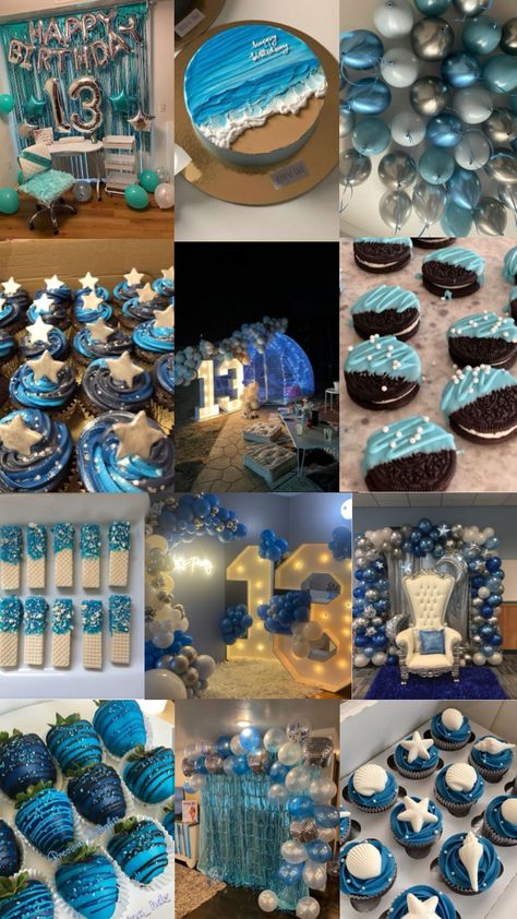 13th birthday dream 🩵 Birthday Theme Blue And White, Blue Birthday Party Food, Blue Sleepover Party, 13 Birthday Theme Ideas, 18th Birthday Decorations Blue, Sweet Sixteen Party Ideas Blue, 13 Birthday Party Themes, 18th Birthday Party Ideas Blue, 13 Party Ideas