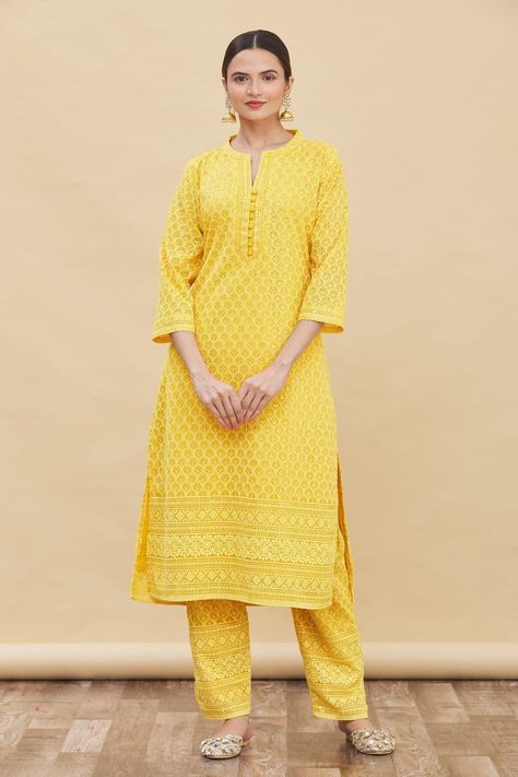 Yellow chikankari kurta set for women Georgette Chikankari Kurta, Chikankari Kurta Set, Yellow Kurta, Chikankari Embroidery, Chikankari Kurta, Kurta Neck Design, Indian Wedding Dress, Simple Trendy Outfits, Kurta Set