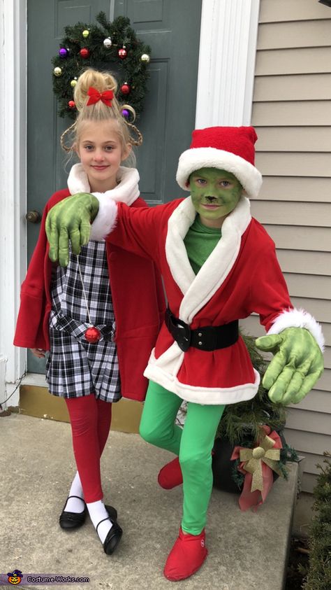 Grinch Girl Costume, Cindy Lou Who Costume Diy Kids, Cindy Lue Who Costume, Grinch Outfit Kids, Easy Christmas Character Costumes, Grinch Costume For Kids Diy, Grinch And Cindy Lou Costume, Cindy Lou Who Costume Diy Women, Grinch Day At School Outfit