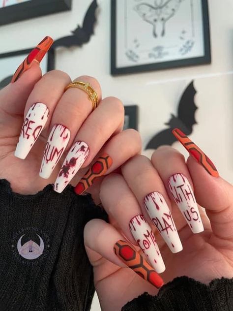 Horror Movie Acrylic Nails, Pinhead Nails, Halloween Nails Horror Movies, Horror Film Nails, Horror Movie Nail Designs, Christmas Horror Nails, Horror Valentines Nails, The Shining Nails, Horror Christmas Nails