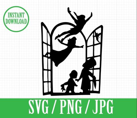 Peter Pan Window, Neverland Tattoo, Peter Pan Svg, Mary Poppins Silhouette, Peter Pan Decor, Peter Pan Characters, Peter Pan Silhouette, Window Silhouette, Silhouette Disney