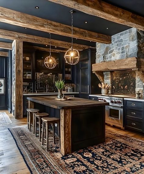 Rug Under Island, Dark Barndominium Ideas, Kitchen With Beam, Dark Rustic Kitchen, Rustic Gothic Home Decor, Black And Wood Kitchen, Beam In Kitchen, Smart Home Ideas, Cottage Style Interiors