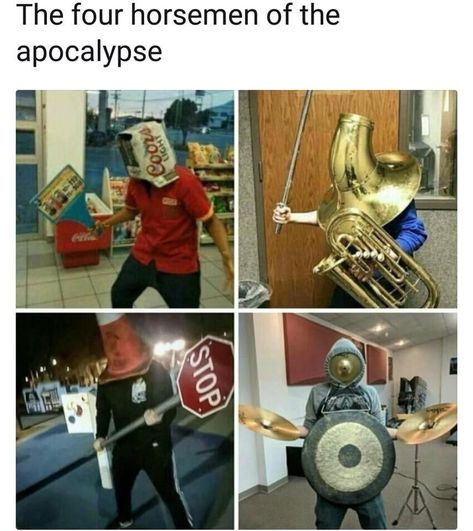 Trending Images Gallery | Know Your Meme The Four Horsemen, Band Jokes, Horsemen Of The Apocalypse, Band Humor, The Apocalypse, Four Horsemen, Band Memes, 웃긴 사진, Music Humor