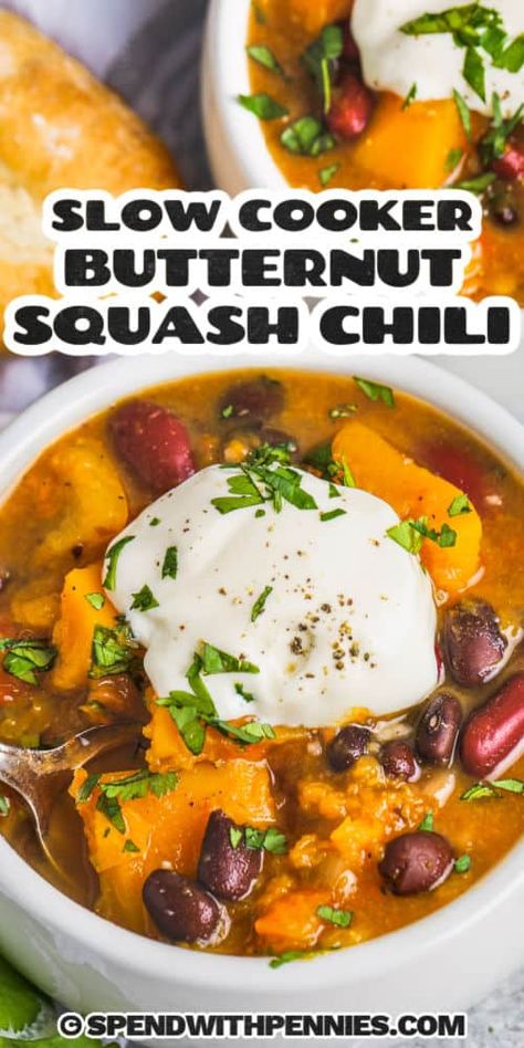 A butternut squash chili is just what is needed for the next potluck dinner. With all the great flavors of taco soup, the only difference is that this has butternut squash and is milder in flavor. This chili has all the simple and delicious flavors of chili. Sweet peppers and tomato, spicy onion, and, tangy sour cream topping. Easy and delicious. #butternutsquashchili #crockpotrecipes #blackbeans #spendwithpennies Slow Cooker Butternut Squash, Chili Sweet, Sour Cream Topping, Squash Chili, Butternut Squash Chili, Fall Meal, Veggie Chili, Potluck Dinner, Fall Recipes Healthy