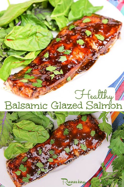 Balsamic Glazed Salmon recipe. Looking for a simple Baked Balsamic Salmon recipes? This is it! Make a easy & simple balsamic vinegar glaze (with honey, garlic, and mustard) on the stove and bake the fish in the oven. This healthy salmon recipe is clean eating, fast and delicious. You are going to love this balsamic glaze! / Running in a Skirt #salmon #cleaneating #balsamicglaze #ovenbakedsalmon #pescatarian #fish #healthyrecipe #healthyliving Balsamic Salmon Recipes, Salmon Balsamic Glaze, Balsamic Glazed Salmon, Salmon Marinade Recipes, Salmon Recipes Baked Oven, Balsamic Salmon, Salmon Recipes Oven, Balsamic Vinegar Recipes, Salmon Recipes Baked