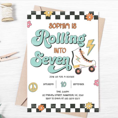 Get ready to roll with our awesome Roller Skate Invitation! This invitation is perfect for an epic 7th birthday party at the rink or at the park. Lace up your skates, gather your crew, and get ready to have a blast on wheels. Don't miss out on the fun—grab your invitation and let's roll into an unforgettable celebration! #rollerskate #rollerskating #partyinvitation #7thbirthdayinvitation Let The Good Times Roll Party Theme, Rollerskating Party, Roller Skate Invitations, Skate Rink, Lets Roll, Skate Party, Party Finger Foods, Let The Good Times Roll, Good Times Roll