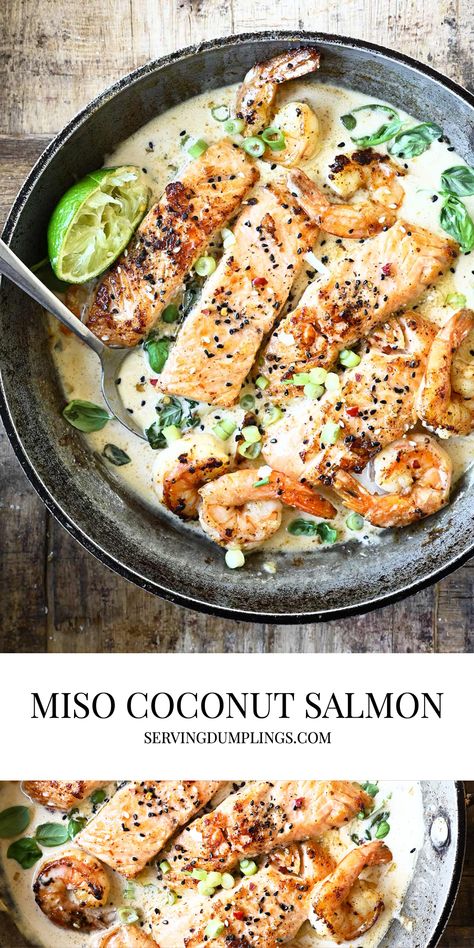 Miso Coconut Salmon Salmon With Miso Sauce, Coconut Milk Salmon, Salmon With Feta, Salmon With Shrimp, Coconut Salmon, Miso Salmon Recipe, Fresh Fish Recipes, Miso Recipe, Miso Salmon