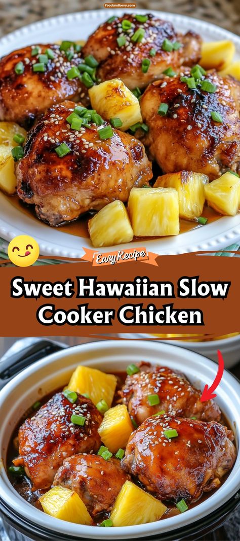 Immerse yourself in the flavors of the islands with Sweet Hawaiian Slow Cooker Chicken, a deliciously tender chicken dish cooked with pineapple, bell peppers, and a sweet and tangy sauce. This slow-cooked meal is perfect for a hassle-free dinner that transports your taste buds straight to Hawaii. #HawaiianChicken #SlowCookerMeals #TropicalFlavors Crockpot Pineapple Chicken, Hawaiian Crockpot Chicken, Hawaiian Chicken Crockpot, Crockpot Chicken Recipe, Hawaiian Crockpot, Sweet Hawaiian Crockpot Chicken Recipe, Hawaiian Chicken Recipes, Pineapple Chicken Recipes, Chicken Pineapple