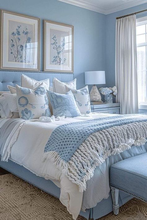 Blue And Cream Bedroom, Light Blue Bedroom, Blue Bedroom Decor, Blue Rooms, Room Makeover Bedroom, Bedroom House Plans, Blue Bedroom, White Bedroom, Room Inspiration Bedroom